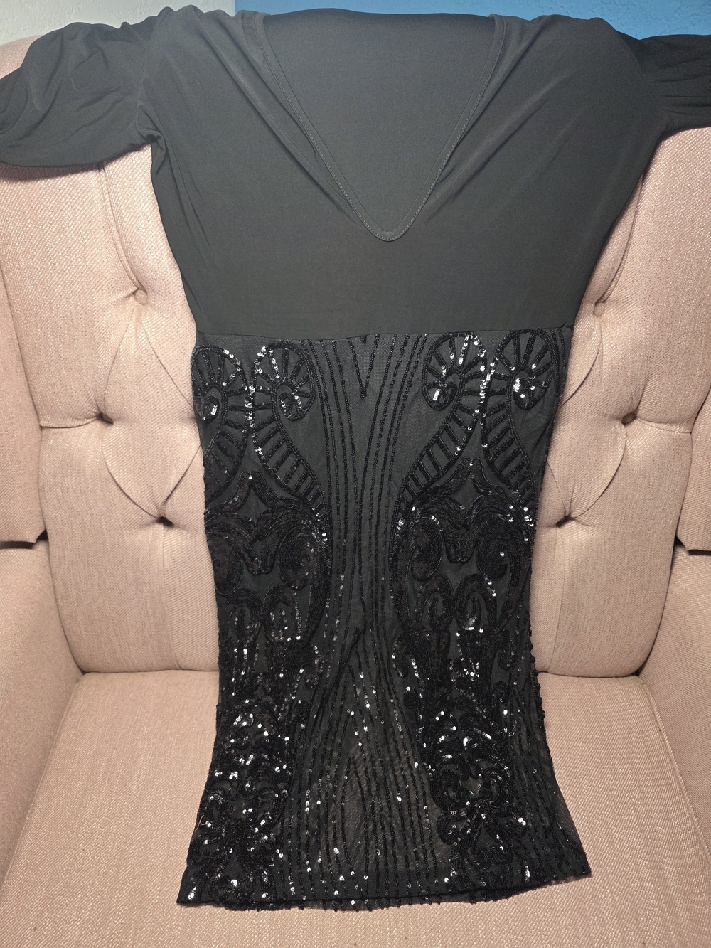 Fashion Nova Black V-Neck Body Suit Dress with Sequin Embellishments Size XL